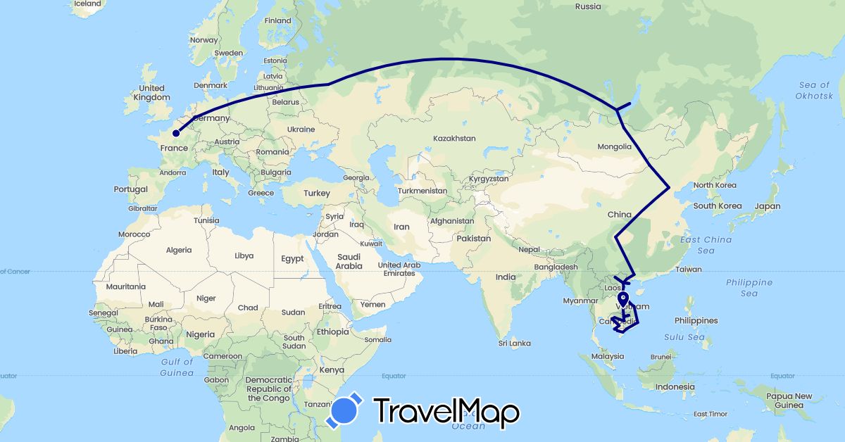 TravelMap itinerary: driving in China, Germany, France, Cambodia, Laos, Lithuania, Mongolia, Russia, Vietnam (Asia, Europe)