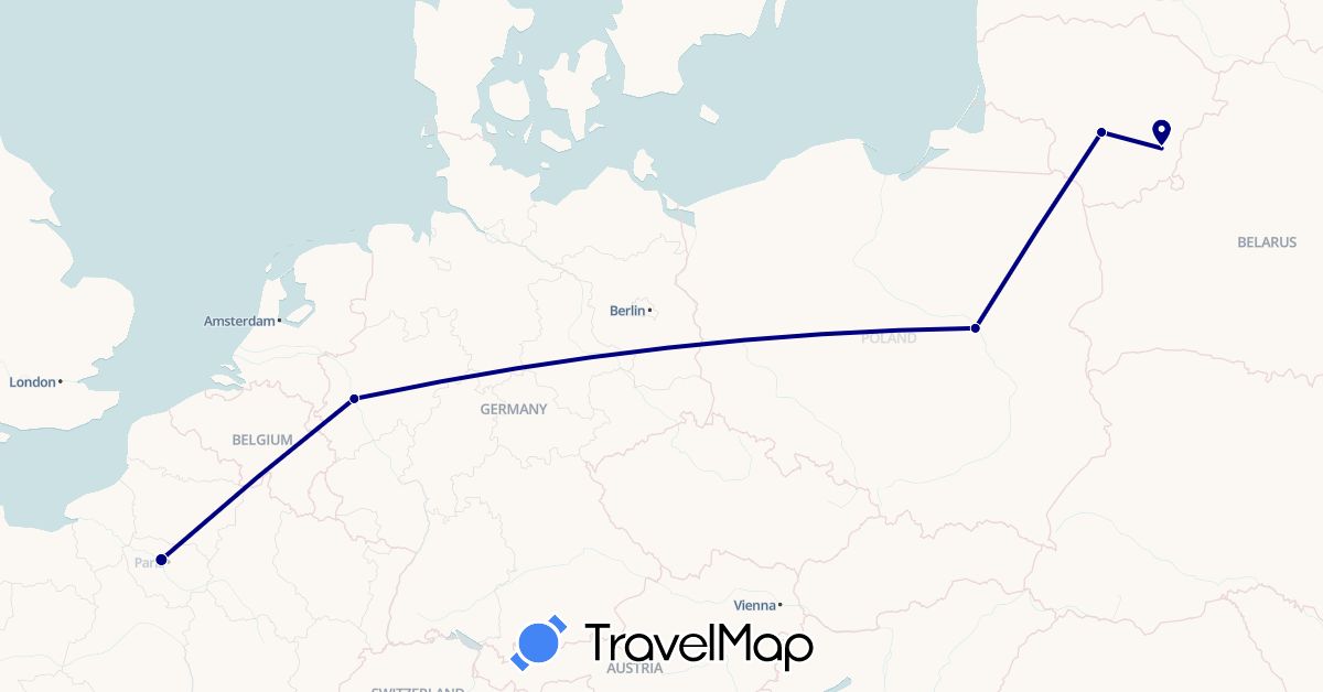TravelMap itinerary: driving in Germany, France, Lithuania, Poland (Europe)